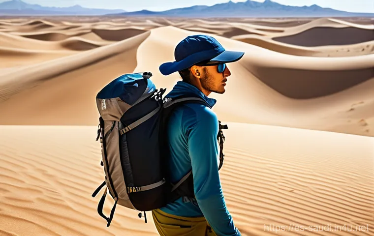사막 캠핑을 위한 필수 준비물 - **Hydration and Smart Nutrition in the Desert**
    "A solo adventurer in the vast, golden dunes of ...
