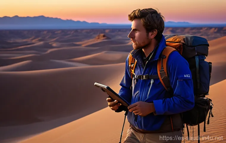 사막 캠핑을 위한 필수 준비물 - **Hydration and Smart Nutrition in the Desert**
    "A solo adventurer in the vast, golden dunes of ...