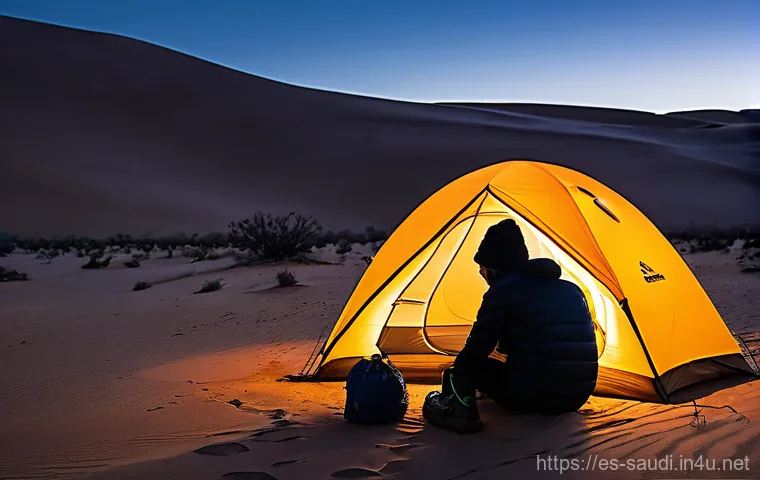 사막 캠핑을 위한 필수 준비물 - **Desert Navigation and Communication**
    "A determined explorer stands on a rugged, rocky desert ...