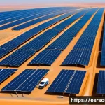 사우디아라비아의 환경 보호 정책과 대책 - A vast solar power plant in the Saudi Arabian desert under a clear blue sky, featuring thousands of ...