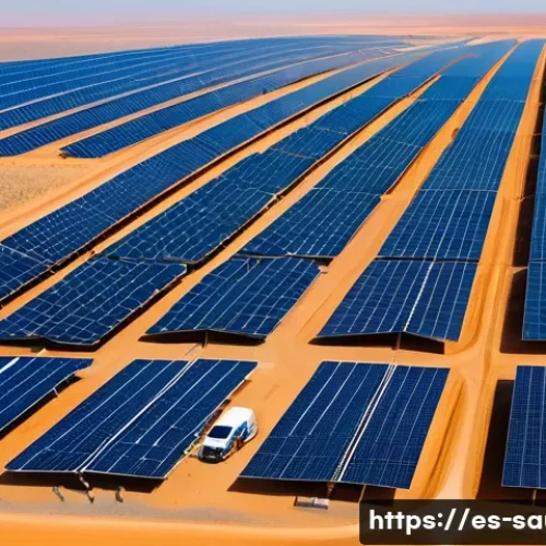 사우디아라비아의 환경 보호 정책과 대책 - A vast solar power plant in the Saudi Arabian desert under a clear blue sky, featuring thousands of ...