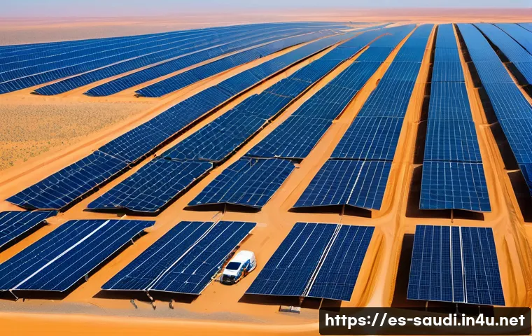 사우디아라비아의 환경 보호 정책과 대책 - A vast solar power plant in the Saudi Arabian desert under a clear blue sky, featuring thousands of ...