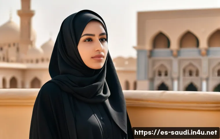 사우디아라비아 문화적 금기사항  의복 행동 예절 - A respectful Saudi Arabian woman wearing a traditional black abaya and a modest hijab that covers he...