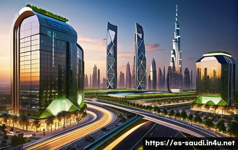 사우디아라비아 주요 투자처와 산업 발전 - A futuristic Saudi Arabian smart cityscape at sunset, showcasing advanced infrastructure with sleek ...
