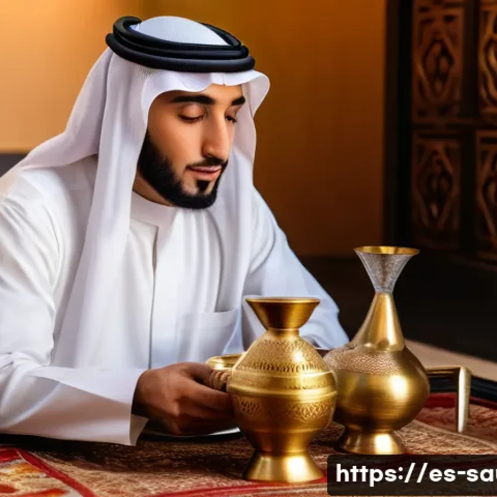사우디아라비아 카페 문화와 로컬 커피 - A traditional Saudi Arabian coffee ceremony scene set in a warmly lit majlis room adorned with intri...