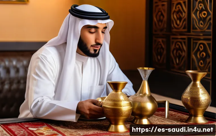 사우디아라비아 카페 문화와 로컬 커피 - A traditional Saudi Arabian coffee ceremony scene set in a warmly lit majlis room adorned with intri...