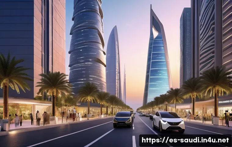 사우디아라비아의 신도시 개발 프로젝트 - A futuristic smart cityscape in Saudi Arabia at sunset, featuring sleek skyscrapers with intelligent...