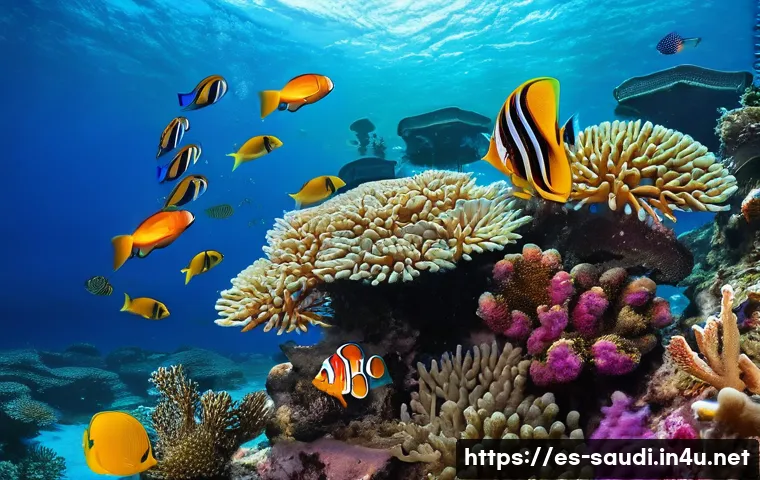 사우디아라비아 해양 생물 및 수족관 - A vibrant underwater scene in the Persian Gulf featuring colorful Acropora coral reefs with intricat...