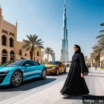 Home 20 사우디아라비아 관광 비자 면제 국가 - A vibrant and detailed scene of a Saudi tourist family visiting Dubai, dressed modestly in stylish, ...
