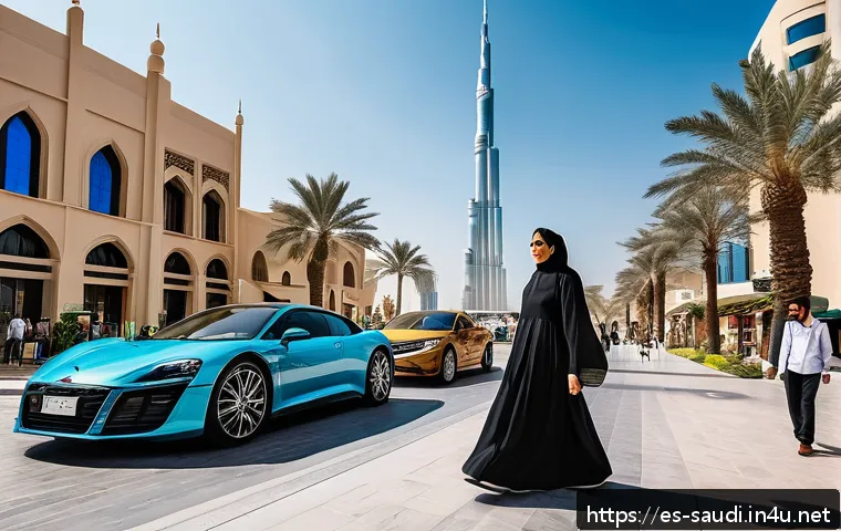 사우디아라비아 관광 비자 면제 국가 - A vibrant and detailed scene of a Saudi tourist family visiting Dubai, dressed modestly in stylish, ...