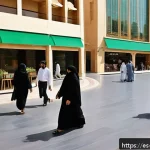 Home 18 사우디아라비아에서 영어 통용 정도 - A bustling modern Saudi Arabian city street scene in Riyadh during daytime, showcasing a diverse cro...