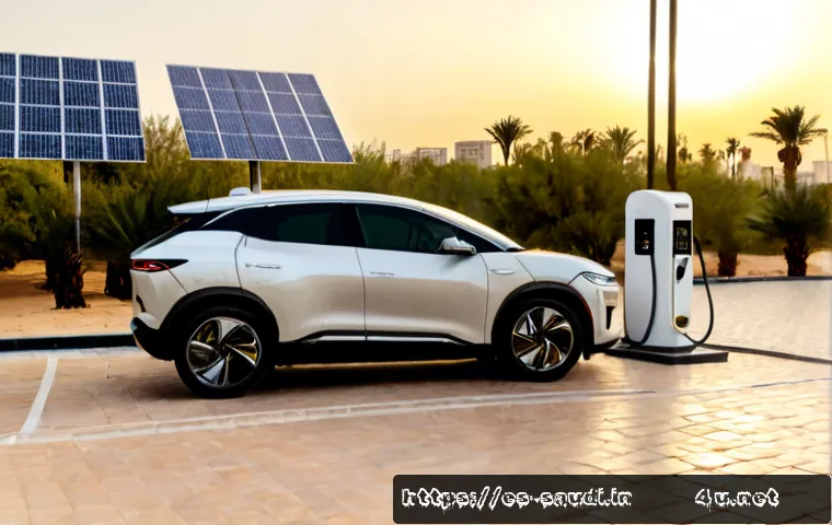 사우디아라비아의 전기차 시장 전망 - Photorealistic wide-angle view of a modern electric SUV charging at a solar-powered station beside a...