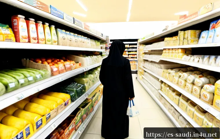 Home 17 사우디아라비아의 물가와 생활비 - Photorealistic Saudi Arabian supermarket aisle, a neatly dressed adult shopper comparing a small bas...