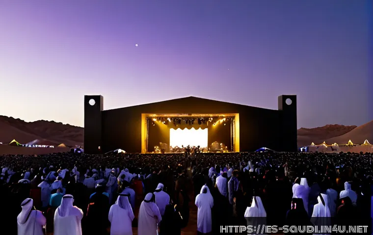 사우디아라비아의 음악 페스티벌과 엔터테인먼트 - Photorealistic wide evening scene of a Saudi Arabian outdoor music festival in the desert near Riyad...